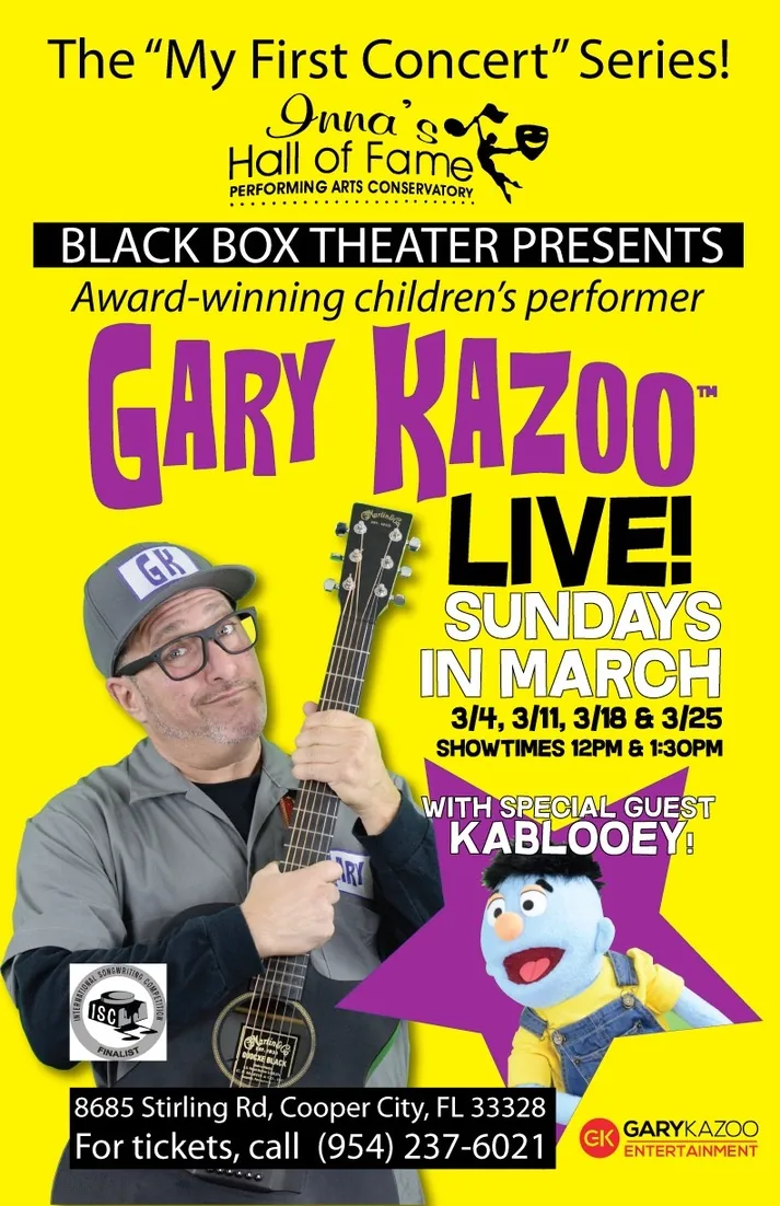 Archival Gary Kazoo My First Concert poster announcing March performances with Kablooey