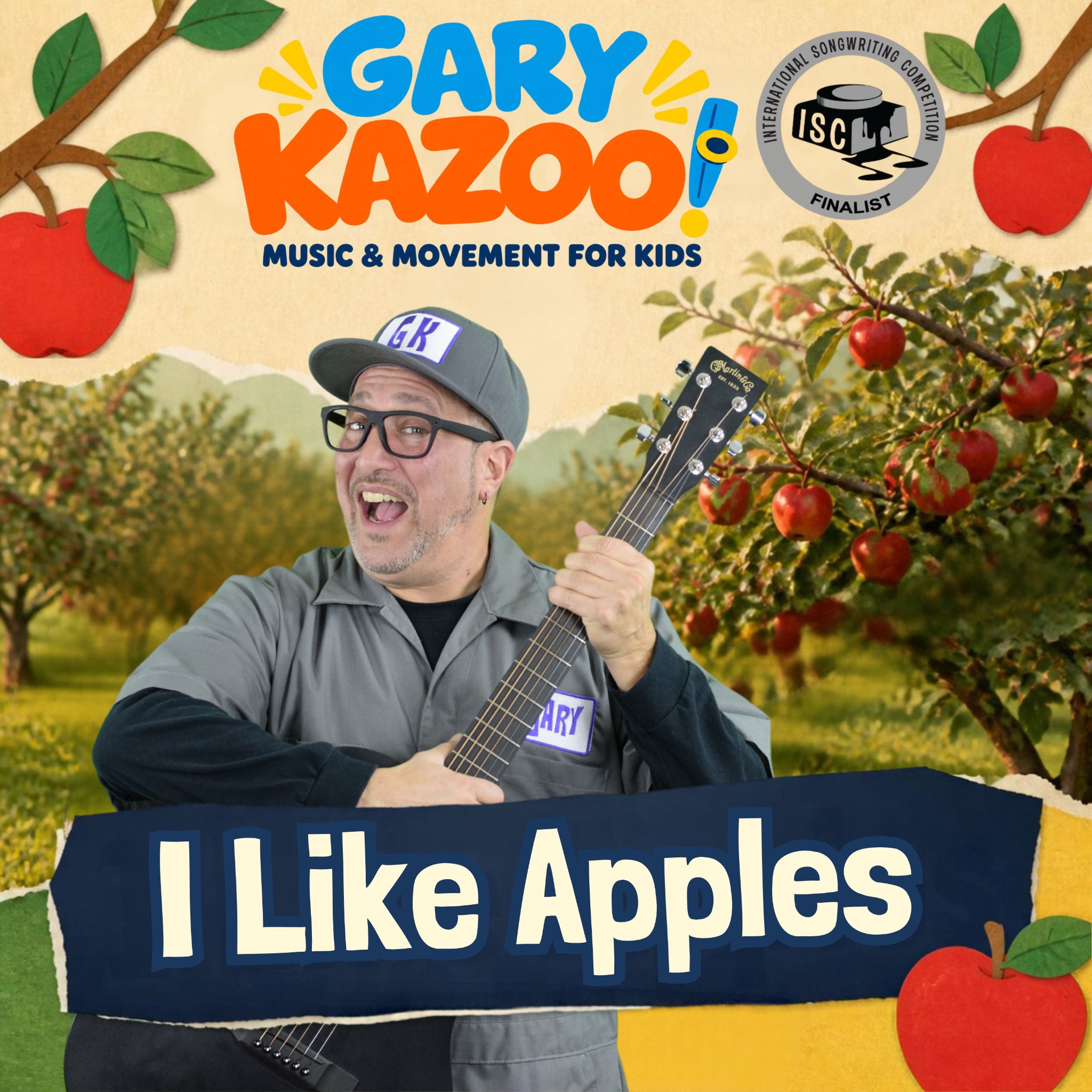 Gary Kazoo I Like Apples album cover with guitar, apple orchard, and songwriting competition emblem