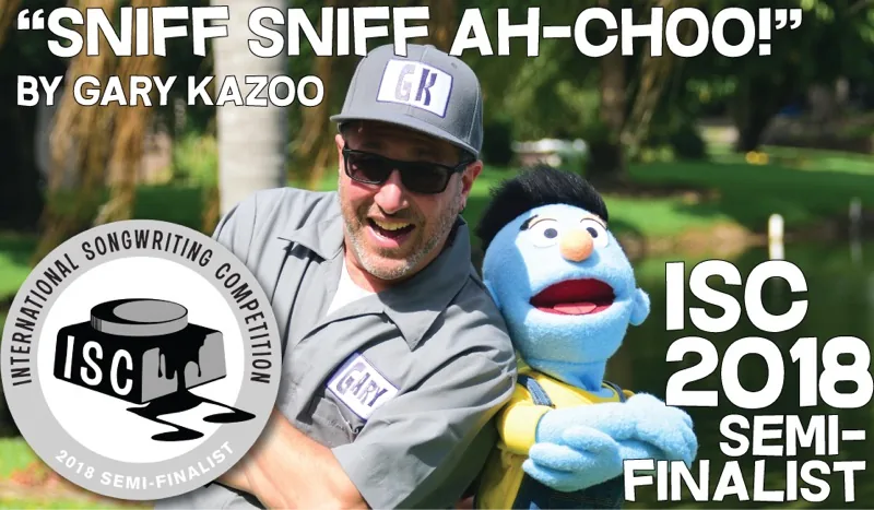 Gary Kazoo with Kablooey in an archival International Songwriting Competition semifinalist graphic